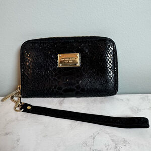 Women's Michael Kors Essential Zip Wristlet Wallet Black Python Gold Hardware